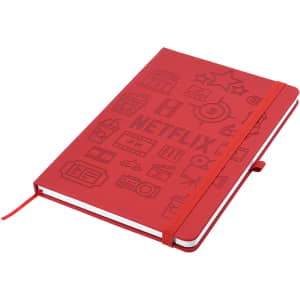 A red A5 notebook with debossed designs and an elastic band closure, featuring various icons and a logo.