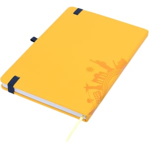 A yellow A5 notebook with a soft-touch cover, featuring a design and blue elastic band. It includes a yellow ribbon marker.