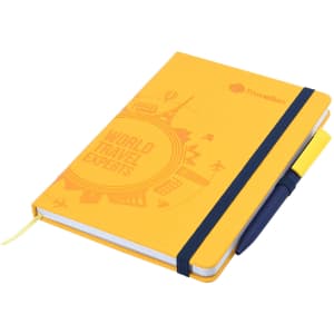A yellow A5 notebook with a debossed design, featuring an elastic closure and a pen attached.