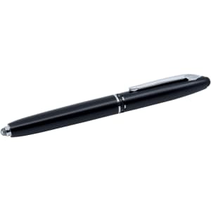 A black stylus pen with a sleek design and a shiny silver clip, featuring a built-in torch.