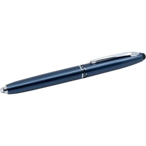 A blue stylus pen with a silver clip and tip, featuring a logo on the body.