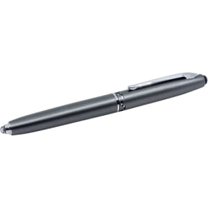 A sleek grey stylus pen with a silver clip and branding, featuring a torch at the end.