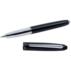 A black stylus pen with a silver tip, featuring a removable cap and a branding logo.