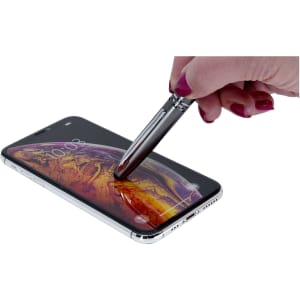 A silver stylus pen tapping on a smartphone screen, showcasing its sleek design and functionality.