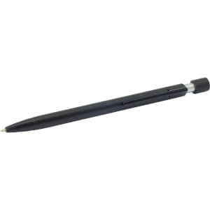 A sleek black metal pen with a silver clip and cap, featuring a logo on its body.