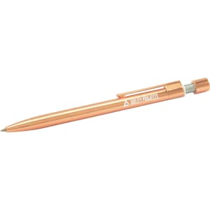 A metal pen with a sleek rose gold finish and a clip. The pen features a logo on its barrel.