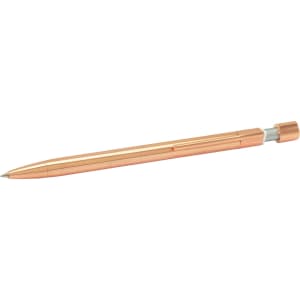 A metal pen in a polished rose gold finish with a silver clip and branding on the barrel.