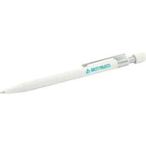 A metal pen in white with a clear grip and a branding logo on the side.