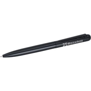 A black metal pen with a clip and a logo on the side, featuring a sleek, minimalist design.