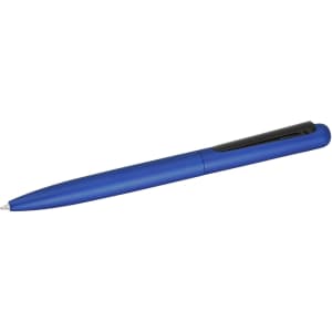 A blue metal pen with a sleek design and a black clip, featuring a branding logo.