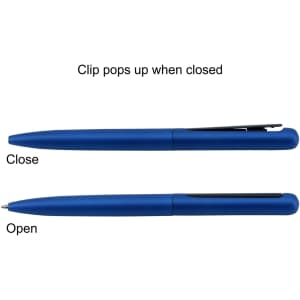 A blue metal pen in two positions: closed and open, featuring a clip and branding.