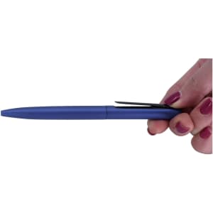 A blue metal pen held between fingers, featuring a clip and a sleek design. There is a branding logo present.