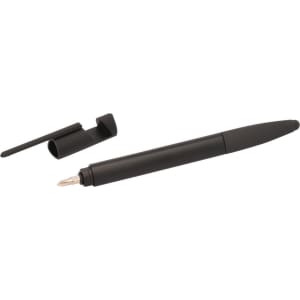 A black 6-in-1 multi pen with a removable cap, featuring a sleek design and chrome accents.