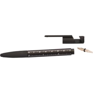 A black 6-in-1 multi pen featuring a stylus tip, ruler, and an attached clip. The pen is partially disassembled.