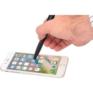 A black 6-in-1 multi pen being used as a stylus on a smartphone screen, featuring a hand and a mobile device.