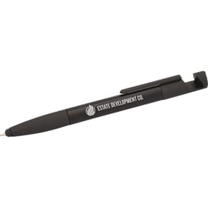 A black 6-in-1 multi pen featuring a branding logo, with a stylus tip and a clip for attaching.