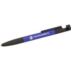 A purple and black 6-in-1 multi pen with a logo on the side.