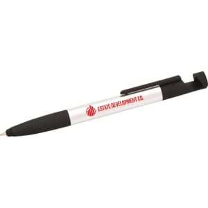 A black and silver multi pen with a stylus tip and a logo on its side. Features multiple writing functions.