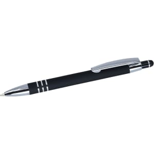 A black stylus pen with chrome accents and a sleek design, featuring a logo on the body.