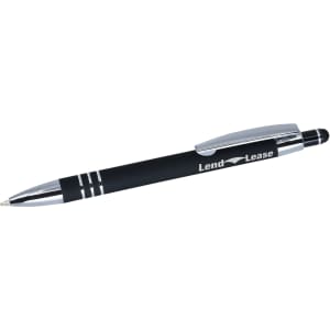 A black stylus pen with silver accents and a logo on the barrel.