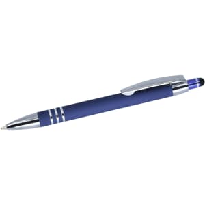 A navy blue stylus pen with a chrome finish and black rubber tip, featuring a branding logo.