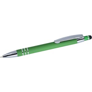 A green stylus pen with a silver clip and accents, featuring a black stylus tip at the end.
