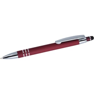 A burgundy stylus pen with a silver clip and detailing, featuring a rubber tip for touchscreens.