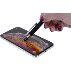 A black stylus pen is being used on a smartphone screen, with a sleek, metallic design.