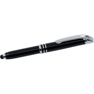 A black stylus pen with a shiny silver clip and accents, featuring a touch tip at the end.