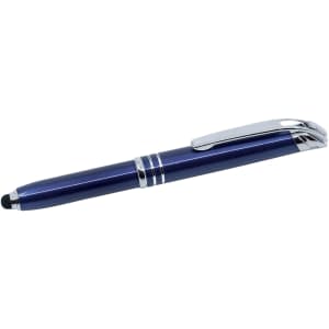 A blue stylus pen with chrome accents, featuring a smooth design and a tapered tip.