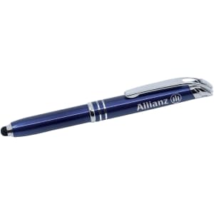 A purple stylus pen with a silver clip and branding, featuring a touch screen tip at one end.