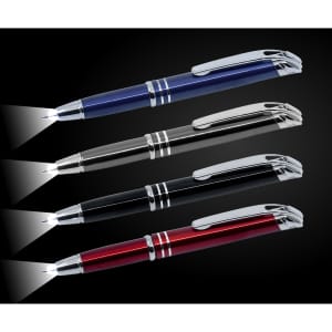 A set of four stylus pens in blue, black, silver, and red, each with a built-in torch. Features a logo on the pens.