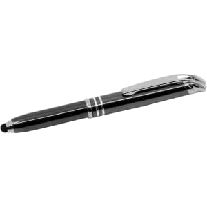 A black stylus pen with a silver clip and detailing, featuring a soft tip for touchscreen use.