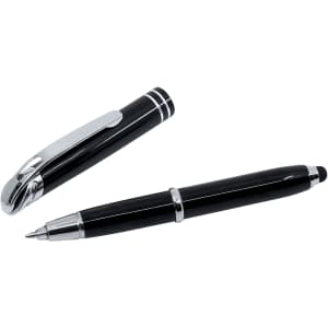 A black stylus pen with a silver clip and accents, featuring a writing tip and a stylus end.