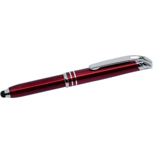 A red stylus pen with chrome accents, featuring a soft tip for touchscreen use and a sleek design.