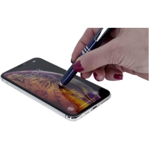 A blue stylus pen is being used on a smartphone screen, with a hand holding the pen. The phone displays a vibrant graphics.