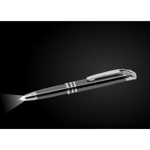 A black stylus pen with a silver clip and a built-in torch at the tip, featuring a logo.