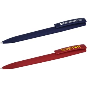 A set of plastic pens in navy blue and red, each featuring a logo on the clip.