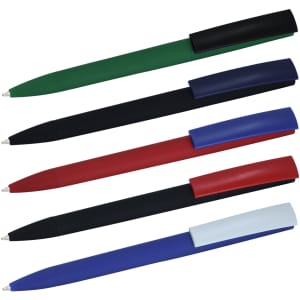 A set of plastic pens in green, black, red, blue, and light blue, featuring a logo on each pen.