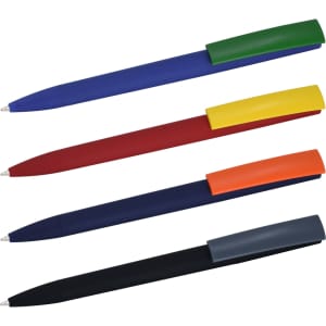 A set of four plastic pens in blue, red, yellow, and green, with matching coloured caps, features a logo.
