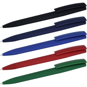 Five plastic pens in black, blue, red, green, and dark blue, each with a matching capped design and a logo.