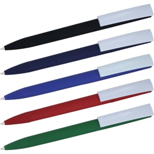 A collection of plastic pens in black, navy, blue, red, and green, each with a white cap and logo.