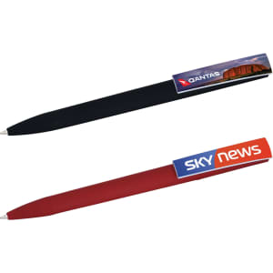 Two plastic pens are displayed, one in black and the other in red, each featuring a logo on the barrel.