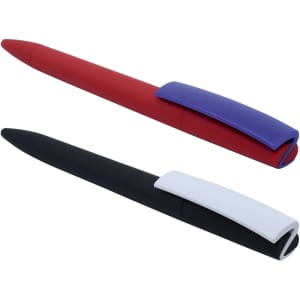 A set of two plastic pens, one in red with a purple clip and the other in black with a white clip.