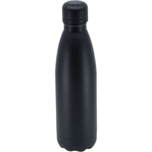 A drink bottle in matte black finish with a sleek design and a cap, featuring a logo.