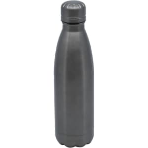 A drink bottle in a sleek grey finish, featuring a stainless steel body and a screw-on lid with a logo.