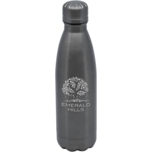 A drink bottle featuring a sleek stainless steel design in grey, with a logo on its surface.