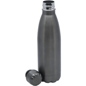A drink bottle in matte grey with a silver cap, featuring a sleek design and a logo.