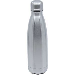 A drink bottle with a sleek silver stainless-steel design and a screw-on lid, featuring a logo.
