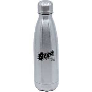 A drink bottle in silver, featuring a sleek design and a logo on the front.